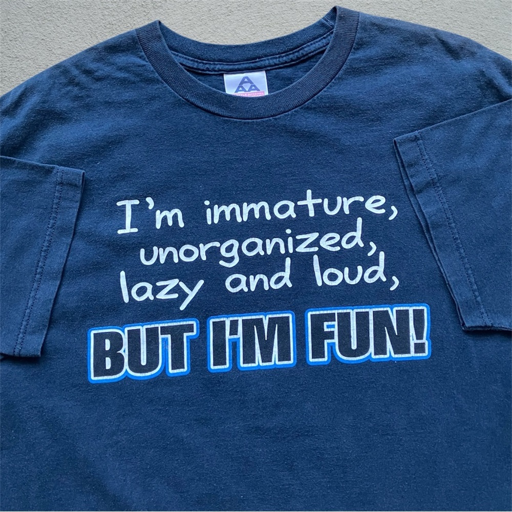 Vintage Y2K Quote Tee Shirt Comedy Humor Text Immature But I’m Fun XL Navy VTG